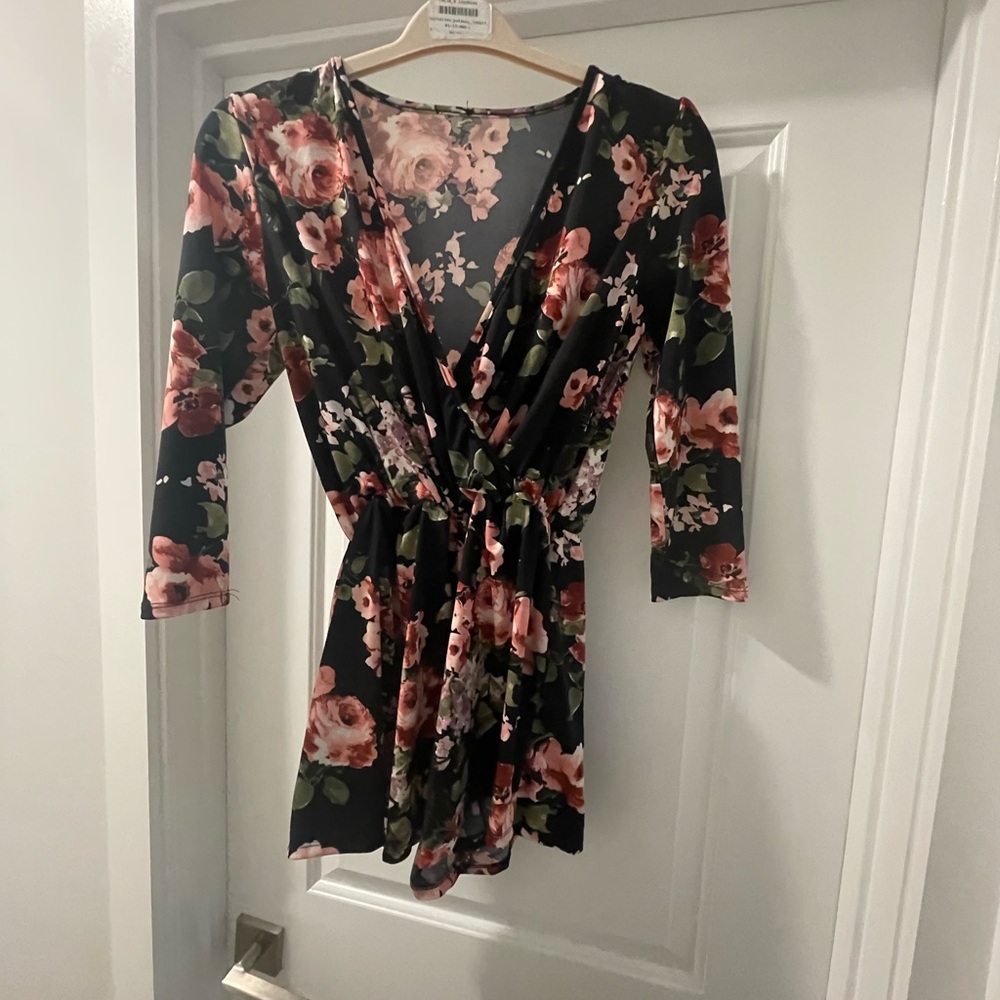 Black and pink half sleeve floral romper